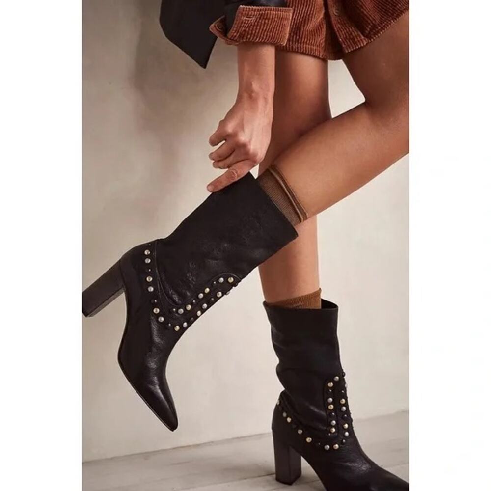 Free People Dakota Heel Studded Leather Western Boots Black Gold Silver EU 41